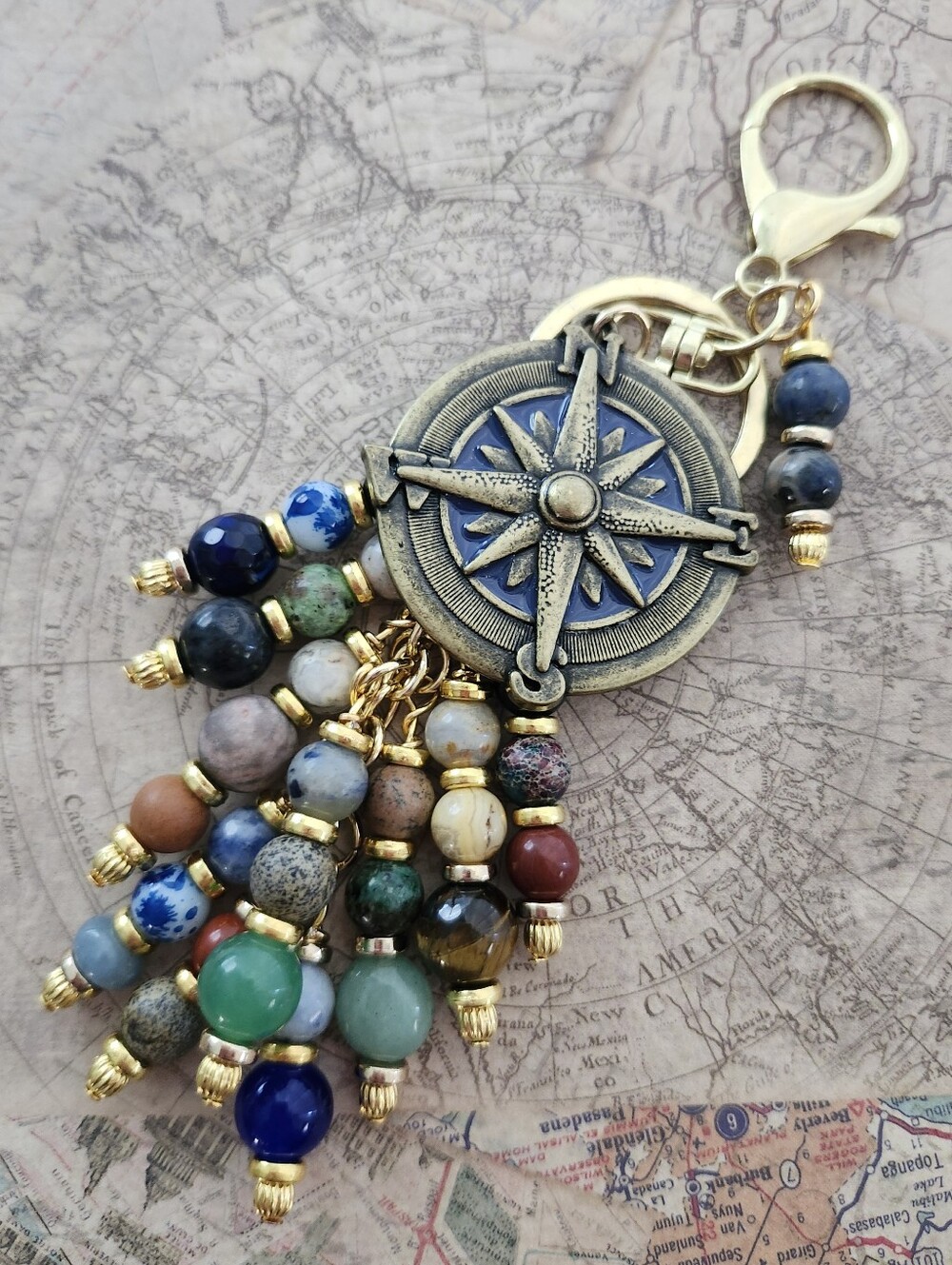 Explore Compass Purse Charm Sodalite Aventurine Tigers Eye Handcrafted